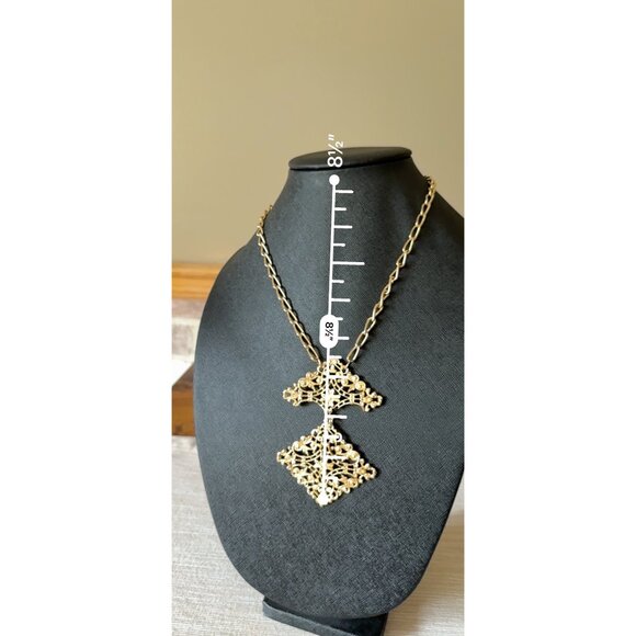 Vintage Gold-Tone Filigree Pendant Necklace With Double Cross Unique - Picture 14 of 15